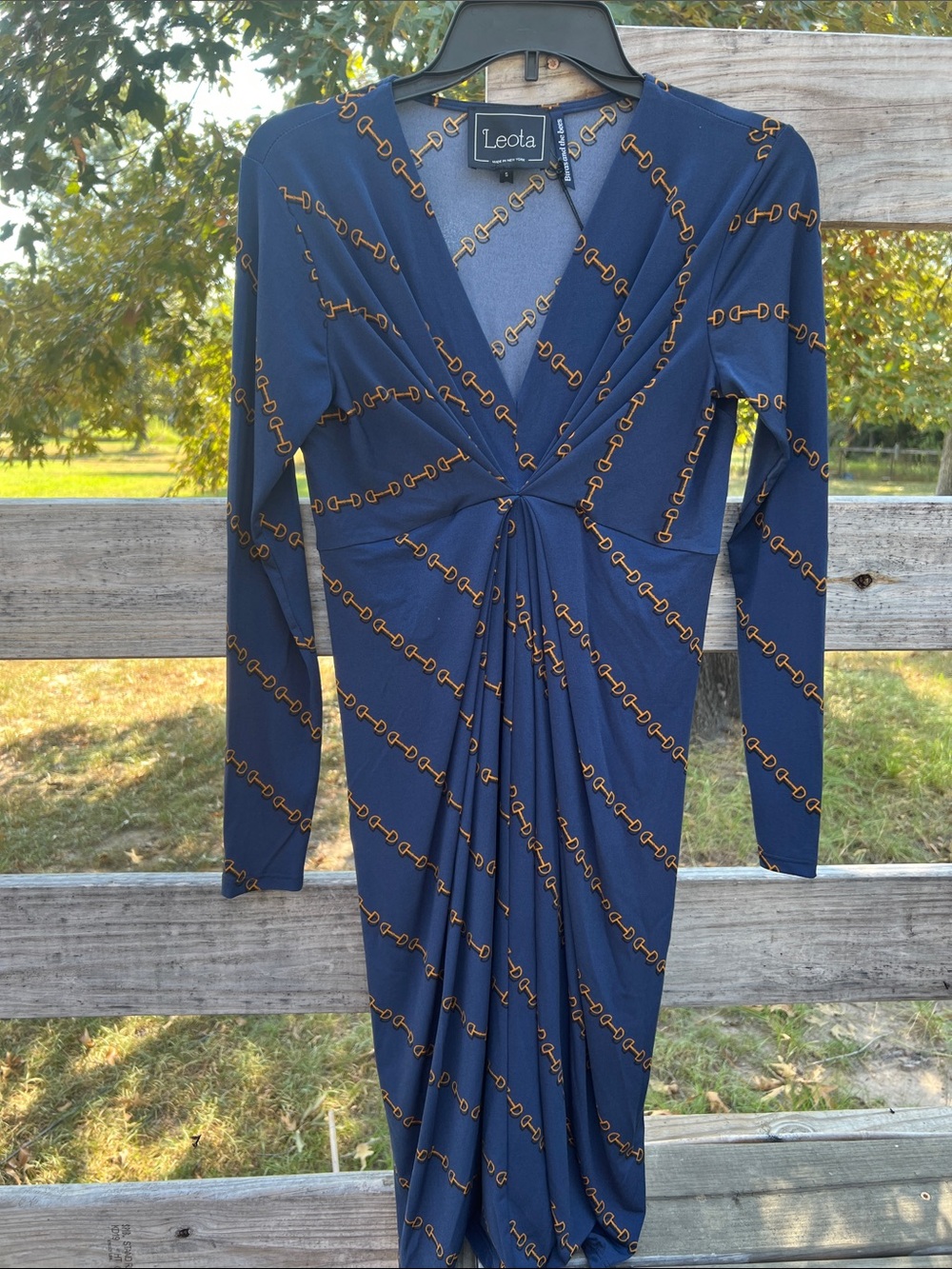 Leota Navy Blue Twist-Front Long Sleeve Chain-Print Dress bird & bees
